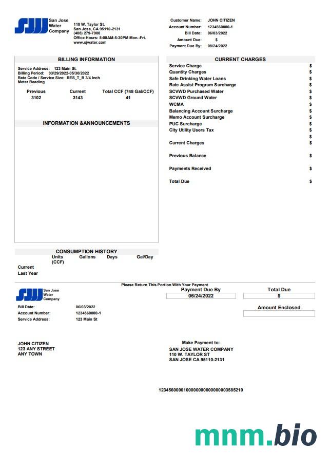 Usa California San Jose Water rachunek za media szablon w formacie Word i PDF